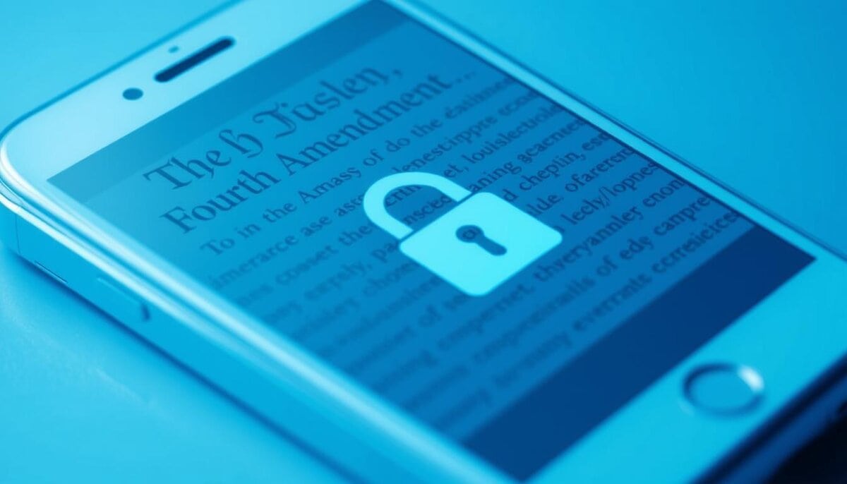Fourth Amendment text overlaid on image of smartphone with digital lock